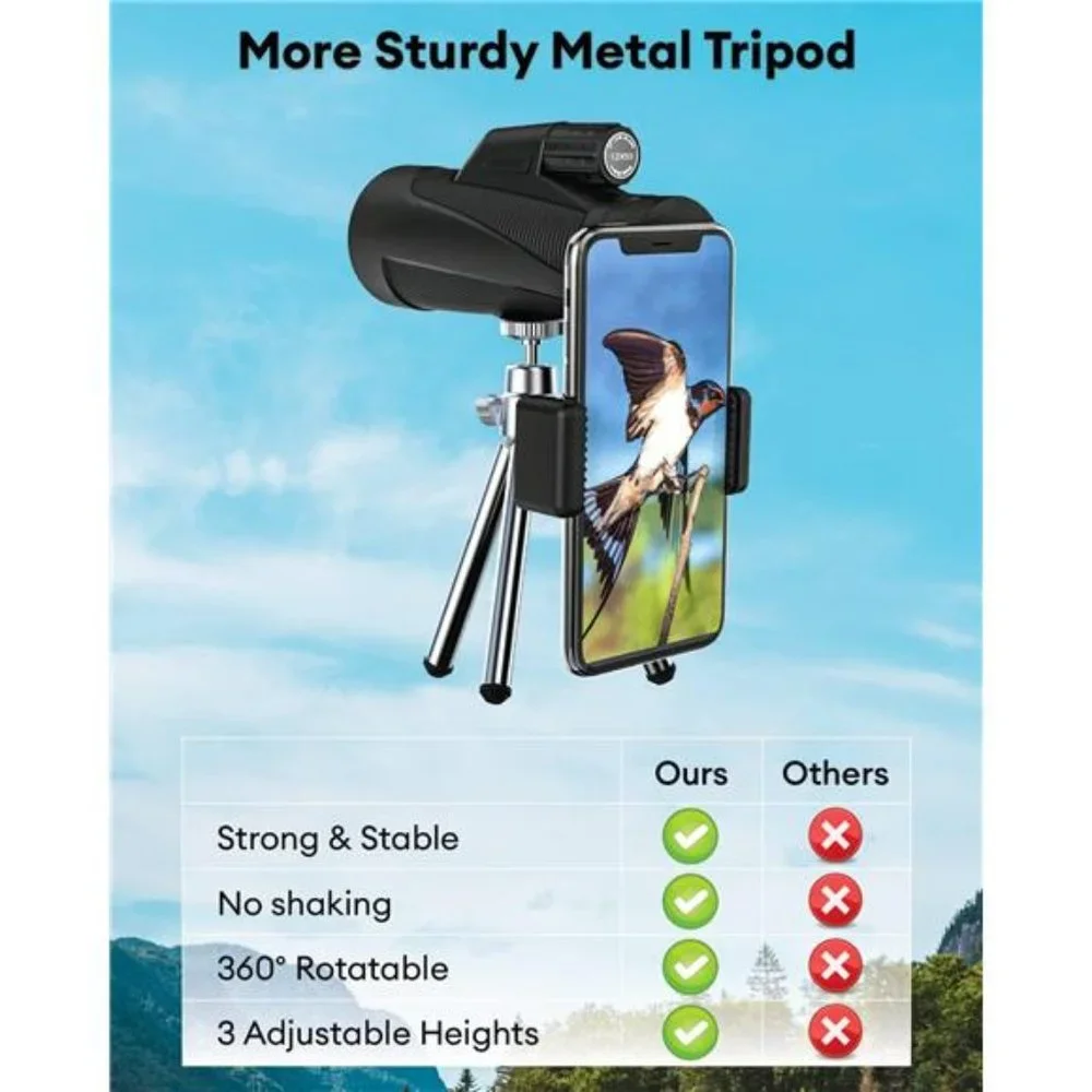 Monocular Telescope High Powered Monocular w/ Smartphone Adapter & Metal Tripod